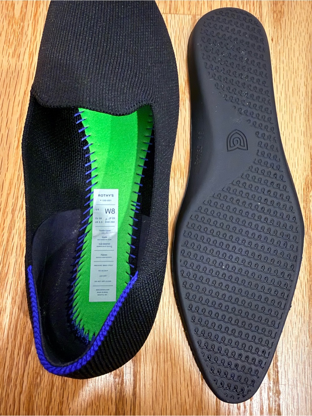 Rothy's The Almond Black Slip-On Loafers with Blue Trim - Picture 13 of 14